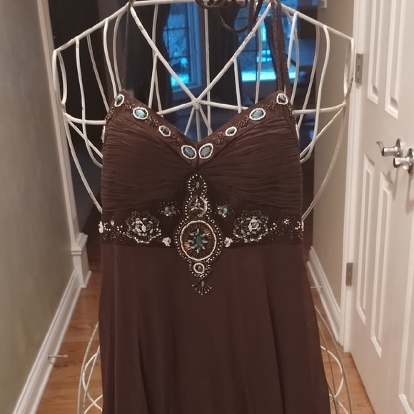 Elegant Brown Sue Wong 100% Silk Halter Dress - Picture 2 of 16